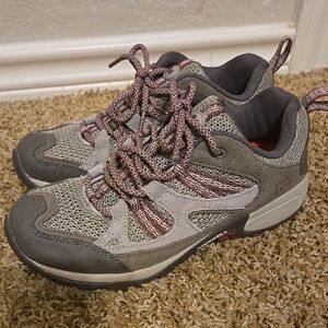 Gray and Pink Athletic Shoes with Rugged Design